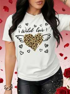 T-shirt da donna con stampa leopardata Wild Love Heart, casual, girocollo, manica corta, in cotone traspirante, per la primavera e l'estate - Product Image 3
