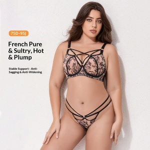 Ensemble de lingerie sexy en dentelle personnalisé pour femmes grandes tailles, spécial été, pour poitrines généreuses, avec soutien-gorge push-up à armatures et couvrance complète - Product Image 1