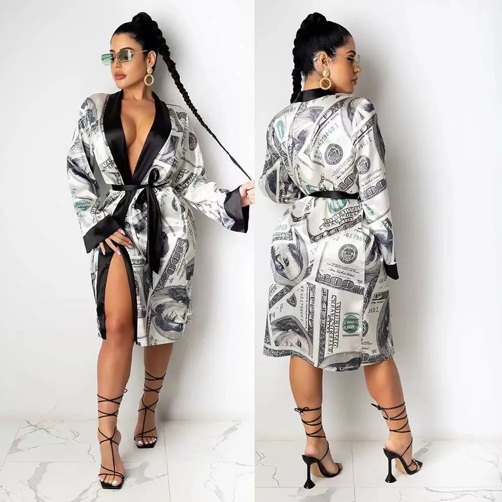 High quality Custom satin silk fashion robes women sexy money zodiac robe bridesmaid bath robes plus size women's sleepwear