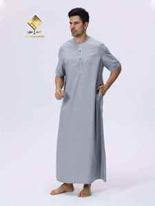 AL HARAMAIN <b>Men's</b> White Cotton <b>Thobe</b> Short Sleeve Ankle Length Round Neck Modest Prayer Robe Solid Color Regular Fit - Product Image 6