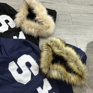 Custom manufacturer heavyweight warm winter fur jacket distressed embroidery patch men zip faux fur hoodie for women