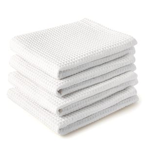 Lot de 4 torchons de cuisine en coton blanc à motif gaufré, séchage rapide, lavables en machine - Product Image 1