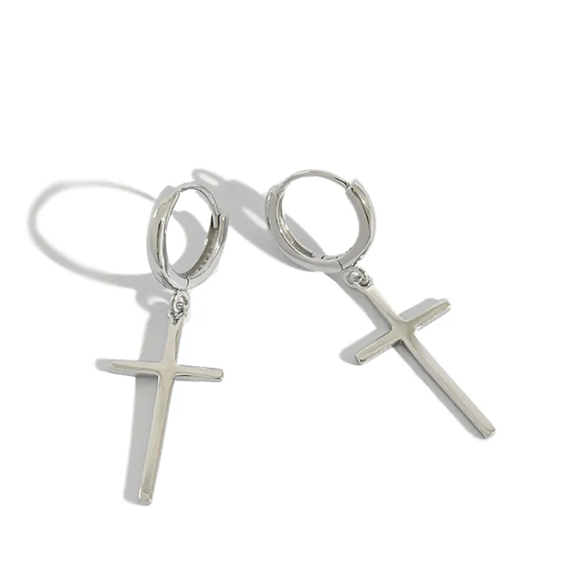 925 Sterling Silver Cross Huggie Hoop Earrings Minimalist Cross Charm Dangle Drop Earrings Dainty Cross Hoop Earrings Women Men