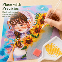 Kit de Peinture Diamantée Imprimée Fille Tournesol Dessin Animé + Art Floral Soleil + Diamants Scintillants Spéciaux + DIY Écologique Relaxant