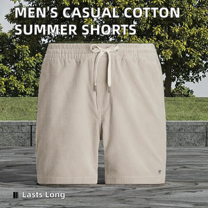กางเกงขาสั้นผ้าลูกฟูกสำหรับผู้ชายผ้าคอตตอน100% ระบายอากาศได้ห้าในสี่มีเชือกผูกเอวสีทึบงานปัก - Product Image 2