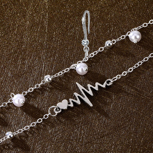 Tobillera de Plata con Perlas de Doble Capa Estilo Bohemio para Mujer, Diseño de Corazón ECG, Ideal para Vacaciones en la Playa - Product Image 6