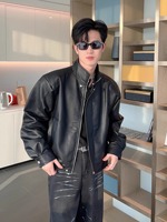 Blouson Bomber Urbain Noir Personnalisé en Cuir PU à Col Montant et Poignets Côtelés pour Homme, Coupe Ample et Légère, Impression de Votre Logo et Vêtements