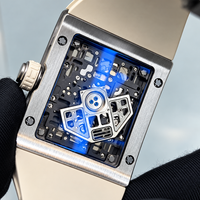 Montre mécanique automatique de luxe pour homme 1602, boîtier rectangulaire en métal brossé, cadran squelette, bracelet en nylon, fond transparent