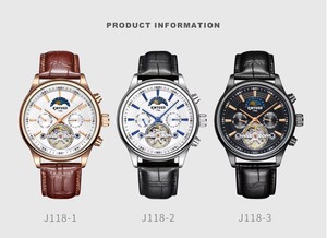 Montre mécanique pour homme KINYUED, mouvement automatique, bracelet en cuir, phase de lune, étanche 3BAR, affichage du calendrier hebdomadaire - Product Image 5