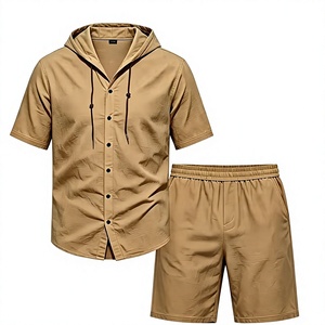 Men Solid Color Breathable Knitted Hooded Short Sleeve Shirt Set with Button-Up Top Elastic Waist Shorts Casual Summer Outfit - Product Image 1