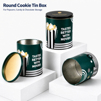 Boîte en fer blanc cylindrique personnalisée avec impression en relief et couvercle métallique pour l'emballage de pop-corn, bonbons, chocolat et snacks