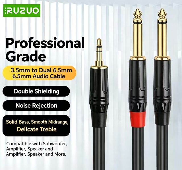 Premium Gold Plated Stereo Audio Y Splitter Cable 3.5mm to Dual 6.5mm Male for Stage and Studio Devices