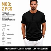 Chemises Henley pour hommes, manches courtes, coupe ajustée, 260 grammes, uni, ultra-extensible, texture en maille, t-shirt Henley décontracté avec 3 boutons