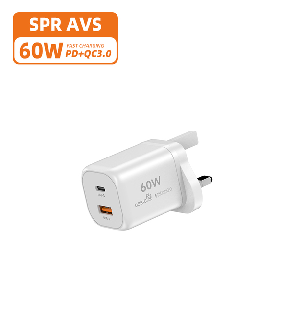 60W GaN Fast Charger with Dual USB Ports Foldable Plug and AVS Protection for Travel and Fast Charging Phones