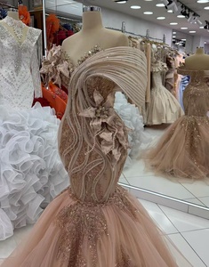 Gaun Malam Putri Duyung Champagne Cantik Gaun Prom Bahu Terbuka Ruffle Applique Bunga Gaun Pesta Selebriti Vestido De Novia - Product Image 4
