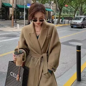 Áo Choàng Len Hai Mặt Dài Hai Nút Dài Làm Bằng Tay Chất Lượng Cao Cashmere 90% Có Thắt Lưng