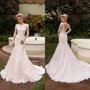 White Mermaid Lace Wedding Dress O-Neck Backless Long Sleeve Natural Waistline 2026 European American Style - Product Image 1