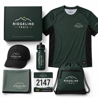 Kit de course de trail personnalisé avec logo, comprenant une chemise de performance, une casquette, une bouteille d'eau, une serviette rafraîchissante et un dossard de course
