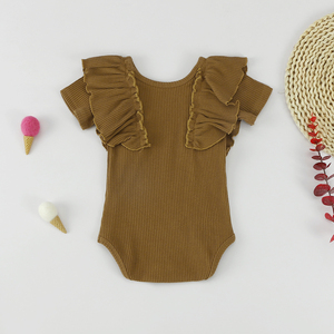 Wholesale Hot New Summer Natural Color Ribbed Ruffle Cuff Short Sleeve Baby Rompers - Product Image 5