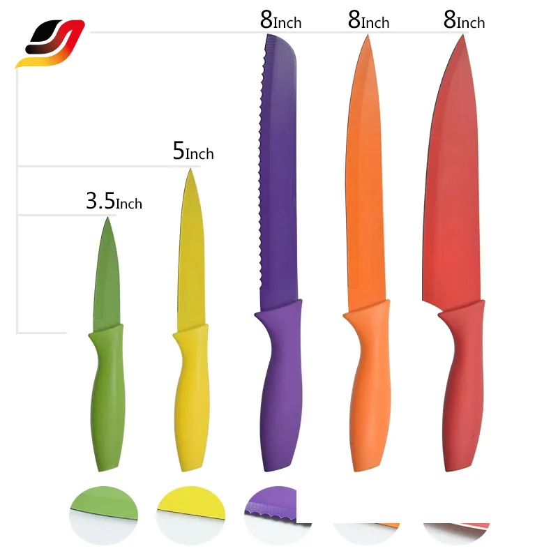 Xyj couteau de chef antiadhésif, nouveau design 6 pièces, qualité alimentaire, couteaux de fruits colorés, avec support en acrylique