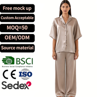 Set Piyama Satin Taupe Wanita Kemeja Kancing Lengan Pendek Celana Kaki Lebar Pakaian Tidur Mewah Dua Potong Pakaian Santai Setelan Malam Musim Panas