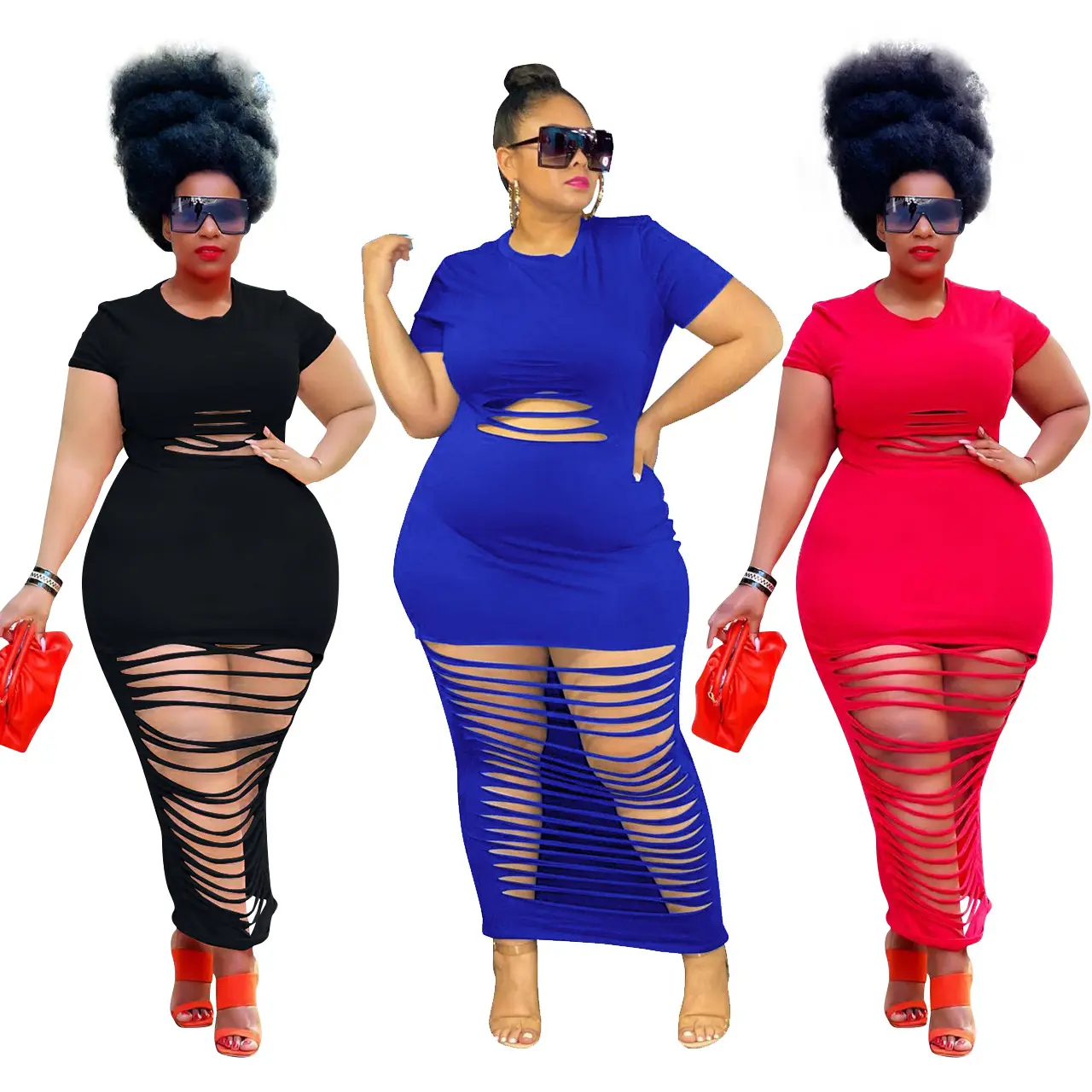 DropShipping Women Plus size Dresses Summer Short Sleeve Black Girl Solid color Dresses Ladies Hollow Out T-shirt Dress