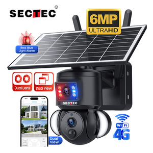 Sectec Panorama IP <span class=keywords><strong>CCTV</strong></span> 6MP ngoài trời ống kính kép năng lượng mặt trời Pin máy ảnh đèn flash mạng 4G Sim Thẻ năng lượng mặt trời máy ảnh - Product Image 1