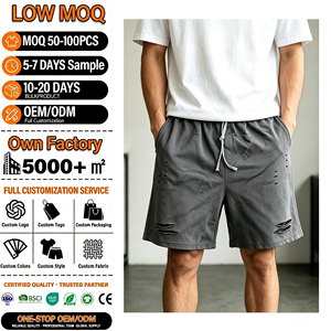 Pantalones Cortos Bermuda para Hombre, Color Sólido, con Cordón Ajustable, Diseño Desgarrado, Estilo Casual, 100% Algodón, Tela Transpirable, Cintura Media, con Bolsillos - Product Image 1