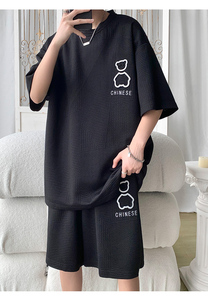 Tùy Chỉnh Hai Mảnh Waffle T Áo Sơ Mi Áo Thun Thiết Lập Unisex Mùa Hè Quần Áo 2 Mảnh Ngắn Phản Quang In Tee Áo Sơ Mi Và Quần Short Thiết Lập Cho Nam Giới - Product Image 3