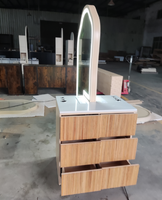 Station de coiffure avec miroir design moderne, éclairage LED, double face, en bois, avec tiroir