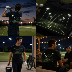 T-shirt da golf da <span class=keywords><strong>uomo</strong></span> OEM ODM Night Range Lights in jersey di cotone 240G con grafica luminosa per campi da golf, ideale per marchi di driving range - Product Image 4