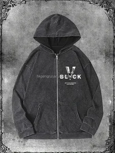 Custom Luxury Brand <b>Zip</b> Up <b>Hoodies</b> Wash Streetwear with Front <b>Pockets</b> DTG Print Embroidery Heavyweight Rhinestone Pullover - Product Image 2