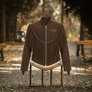 Chaqueta de Gamuza Marrón con Flecos, Cuello Alto, Manga Corta, Corte Regular, Ropa Exterior Informal para Otoño e Invierno - Product Image 2