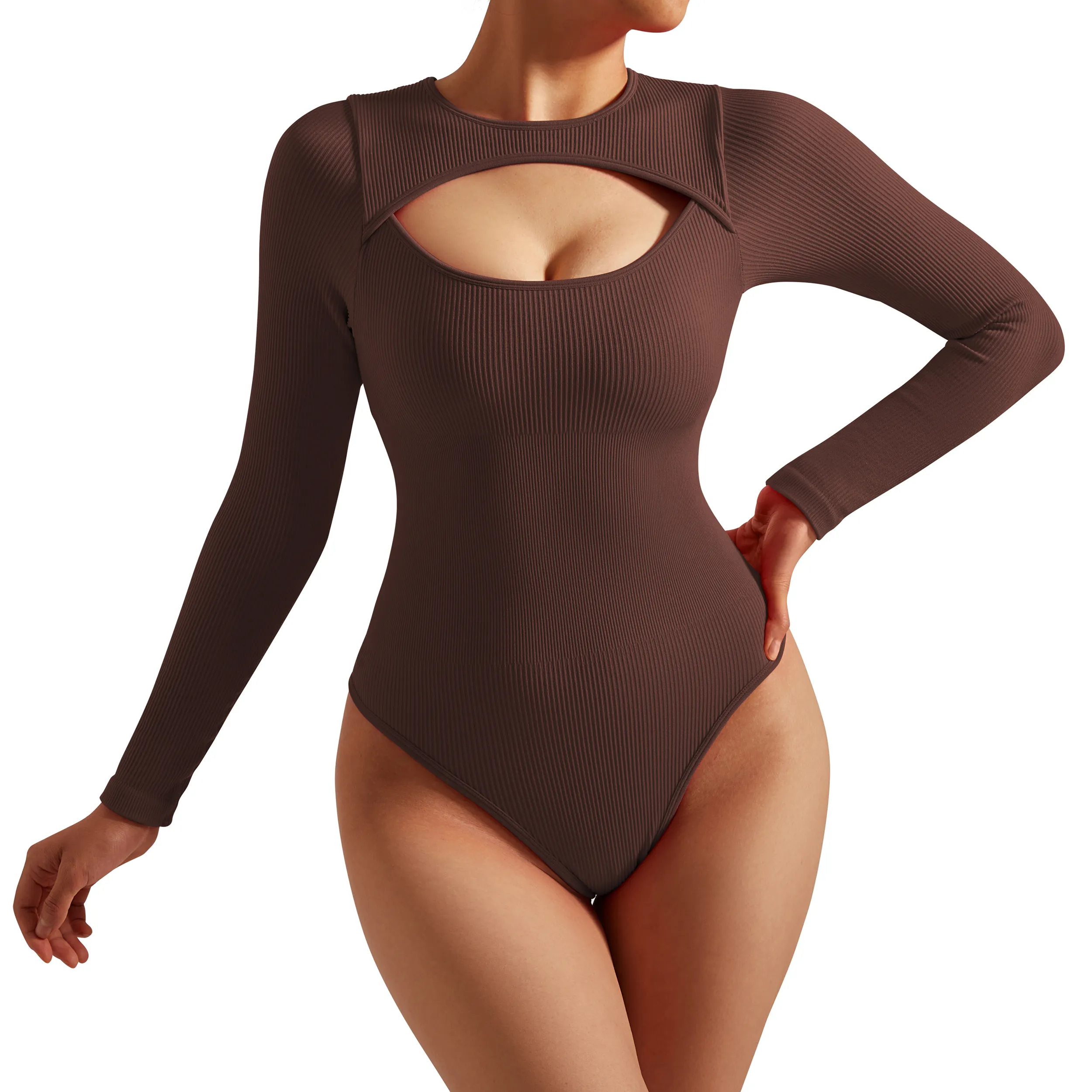 Workout Romper Women Long Sleeve Compression Soft Ribbed Slimming Sexy Thong Bodysuit