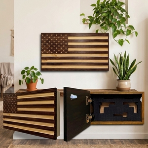 Gabinete de Almacenamiento Oculto con Bandera Americana Tallada a <span class=keywords><strong>Mano</strong></span>, Caja Fuerte de Pared de Madera para Armas de Fuego con Interior de Espuma, Decoración de Pared - Product Image 1