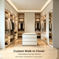 Système de dressing moderne sur mesure en U, armoire ouverte, îlot de rangement avec éclairage LED pour villa