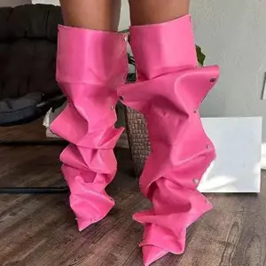 2024 new color pointed toe buckle stiletto removable boots transformer over knee boots thigh high women designer pleated booties