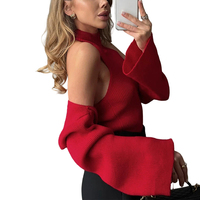 Ensemble deux pièces tricoté pour femme, style décontracté, col montant, pull gilet à dos nu, cardigan couleur unie, épaules tombantes, collection automne