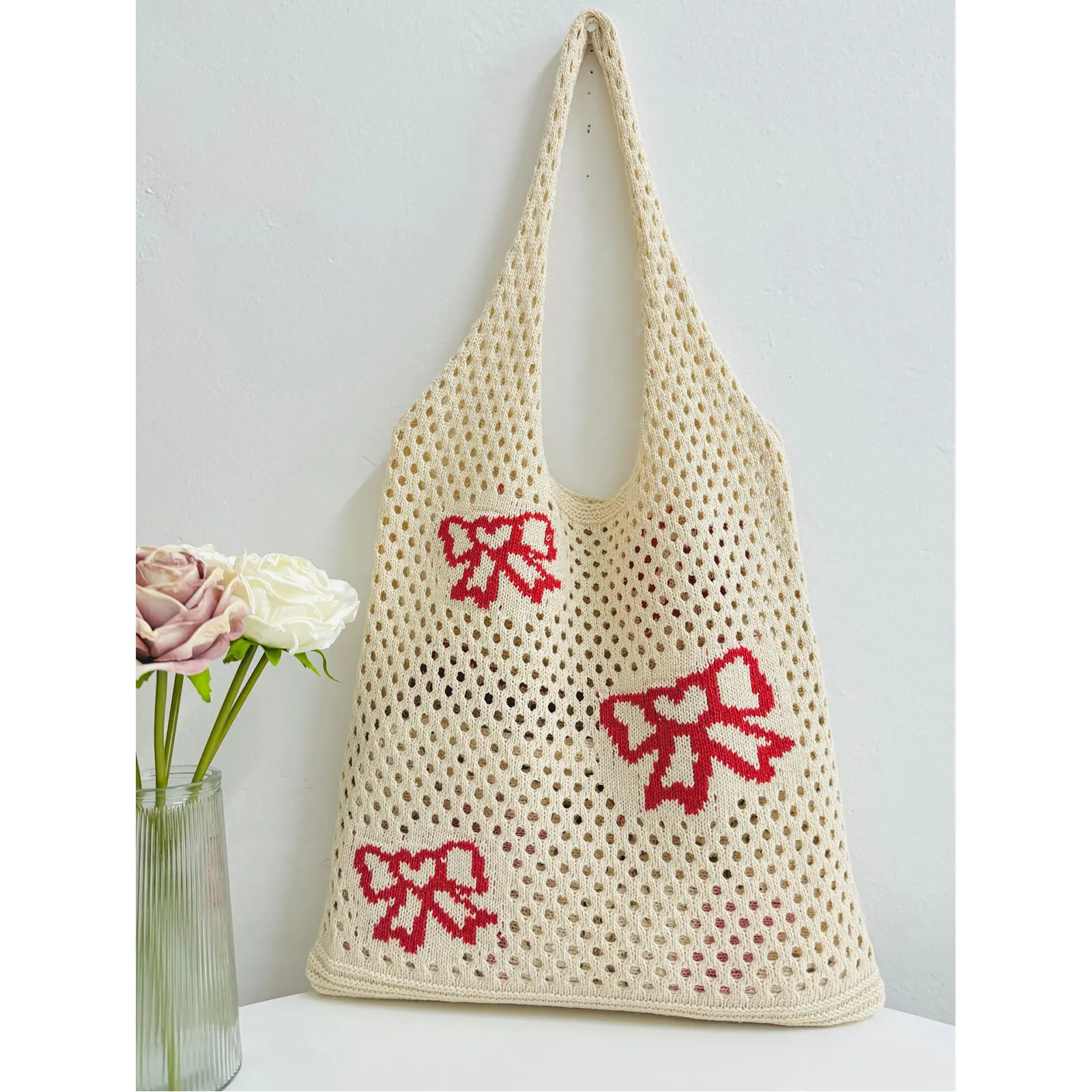 2024 sacola de mão de crochê de alta qualidade, sacola de compras portátil de mão em crochê de alta qualidade para flores