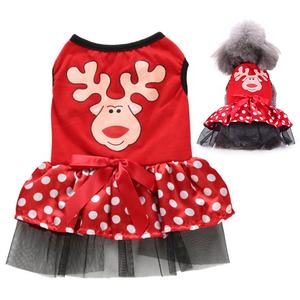 赤いトナカイ柄のかわいいドットメッシュドッグスカートドレスハーネス春夏北欧クリスマス冬ポリエステルストライプアニマルコーティング - Product Image 1