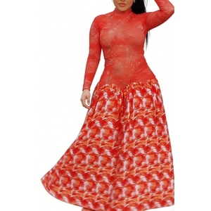 Vestido maxi de cuello alto estampado para mujer, de manga larga, ajustado, con estampado voluminoso, a la moda - Product Image 4