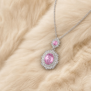 Collar con colgante de doble halo ovalado de circonita cúbica rosa, elegante joyería para mujer, personalizable, OEM/ODM al por mayor - Product Image 3