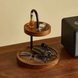 Bandeja de Almacenamiento de Doble Capa de Madera de Nogal, Organizador de Escritorio Redondo Independiente Multifuncional, Soporte para Relojes y Gafas - Product Image 1