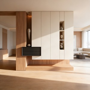 Étagère flottante minimaliste avec étagères ouvertes et tiroirs <span class=keywords><strong>blanc</strong></span> et chêne pour salon sur mesure - Product Image 2