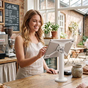 Support de <span class=keywords><strong>tablette</strong></span> antivol en métal réglable blanc pour bureau avec gestion des câbles, support stable pour comptoir de caisse - Product Image 6