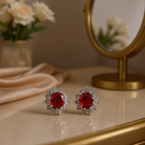 Orecchini a perno E694 con fiore rosso, taglio ovale, montatura a griffe, in lega di zinco, gioielli classici da donna per feste - Product Image 2