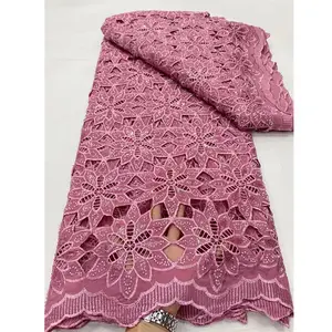 New high quality guipure cord lace african lace fabric laser chiffon with beads