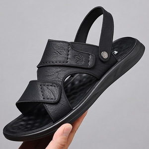 Men's Summer Leather <b>Sandals</b> Flat Breathable Outdoor Black And Gray Rear Pull Belt 2305 - Product Image 2