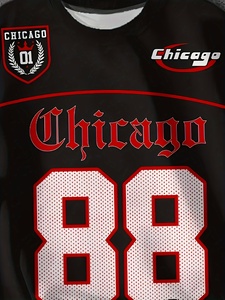 Youth Chicago 88 Logo Casual Print T-Shirt-Red &amp; Black Jersey-Style Tee with for Logo <strong>Star</strong> <strong>Design</strong> Durable - Product Image 6