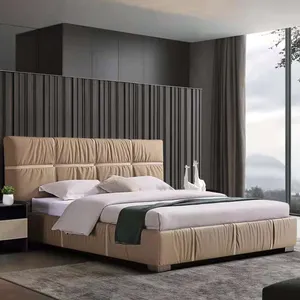 Kraliyet ailesi başlık ile Modern ahşap çift kişilik yatak çerçeve boyutu özelleştirmek OEM / Odm Metal Platform yatağı çerçeve üreticisi